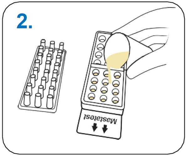 Remove cartridge lid and place upside down. Half-fill chamber 1 with milk sample 1.